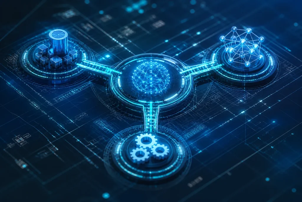 A cinematic close-up of a glowing technical blueprint map made of interconnected pathways, with distinct nodes symbolizing data engineering, data scie...