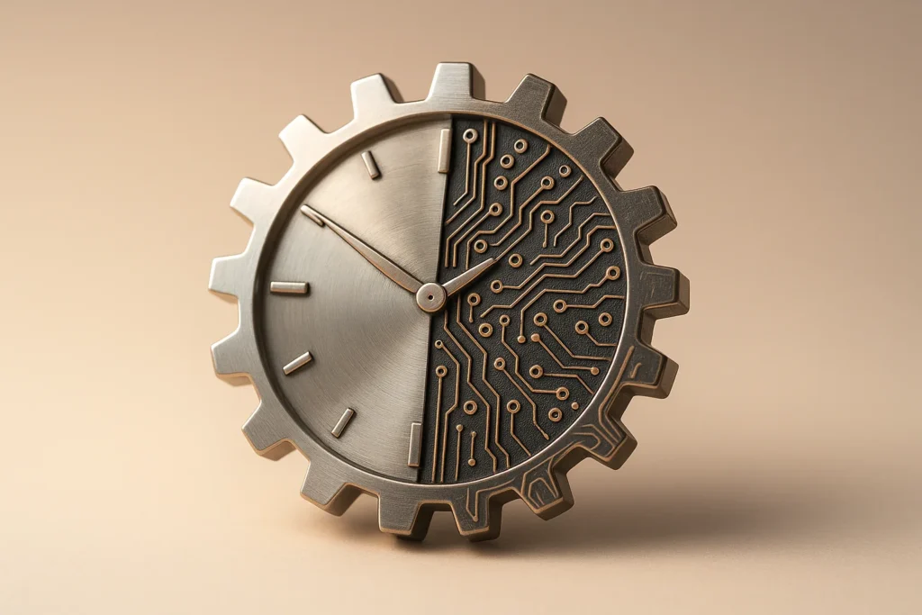 A single symbolic object: a sleek metallic gear shaped like a clock face, half polished metal and half circuit board pattern, representing business au...