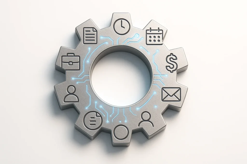 Minimalist metallic gear composed of tiny engraved office icons (invoice, clock, calendar, briefcase, dollar sign, envelope, user silhouette) forming...