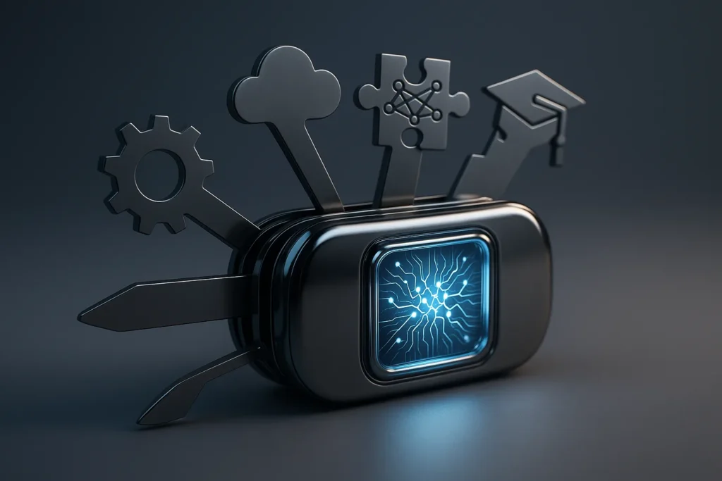 Photorealistic studio shot of a futuristic Swiss Army knife as a single object: its polished body resembles a glowing AI neural chip, and folded tools...