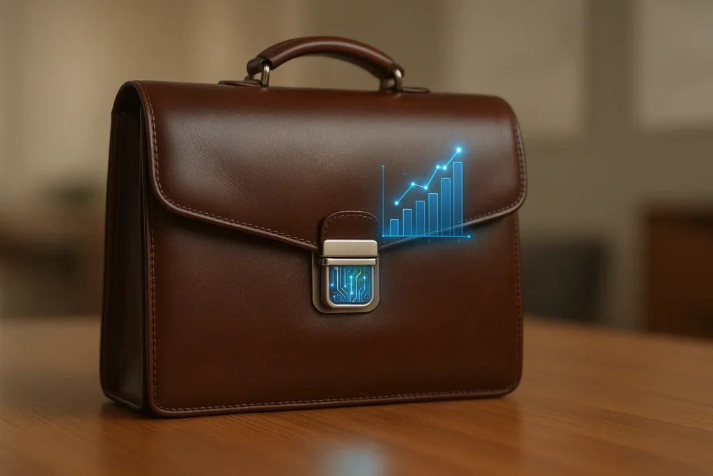 Single object: a polished leather briefcase placed on a wooden desk, its metal clasp subtly embossed with glowing blue circuit patterns and a small ho...