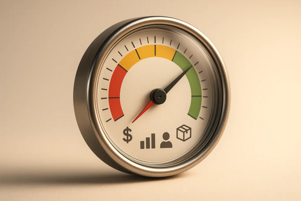Single polished analog gauge dial representing small business KPIs, realistic metallic rim and glass face, subtle reflections showing tiny icons: doll...