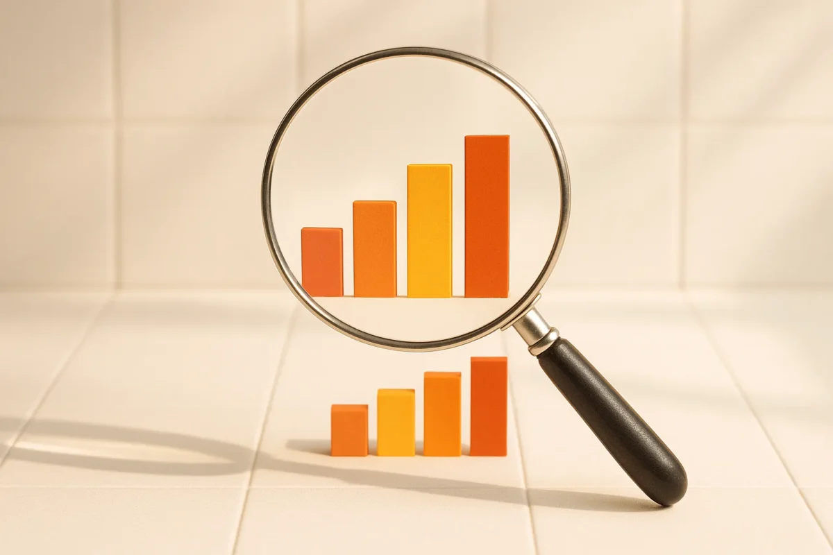 Single realistic magnifying glass hovering over a simple rising bar chart, no text, bars in warm colors on a minimalist white tile background, subtle...