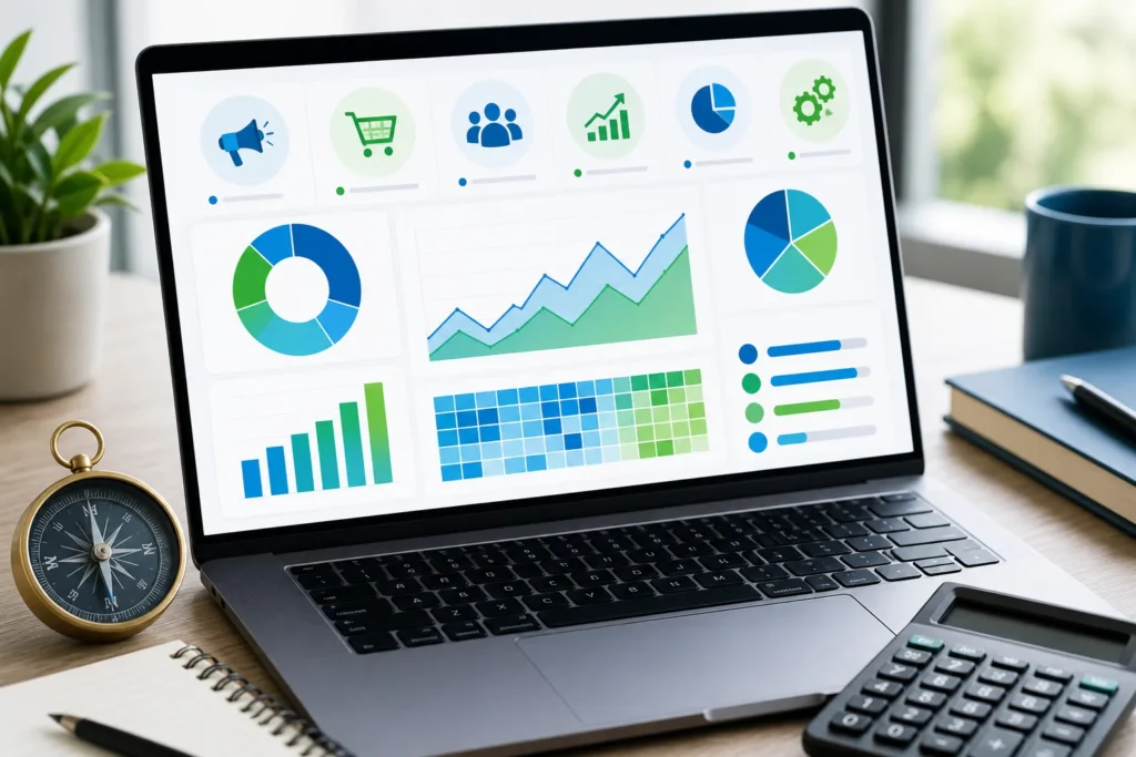 A clean, editorial-style close-up of a modern analytics dashboard on a laptop beside a small compass and calculator, symbolizing practical do-it-yours...