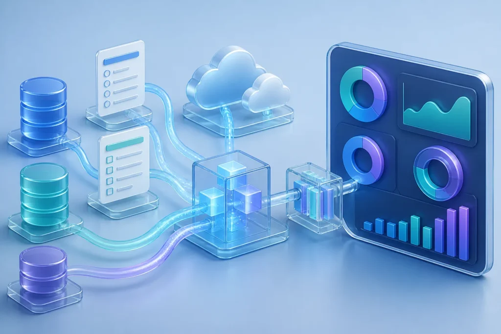 A polished 3D glass analytics pipeline flowing through one connected data dashboard: small database cylinders, survey forms, cloud icons, and clean da...
