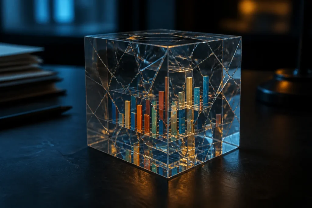 A single cracked glass data cube resting on a dark desk, with colorful but distorted bar-chart shapes and duplicated fragments visible inside, symboli...
