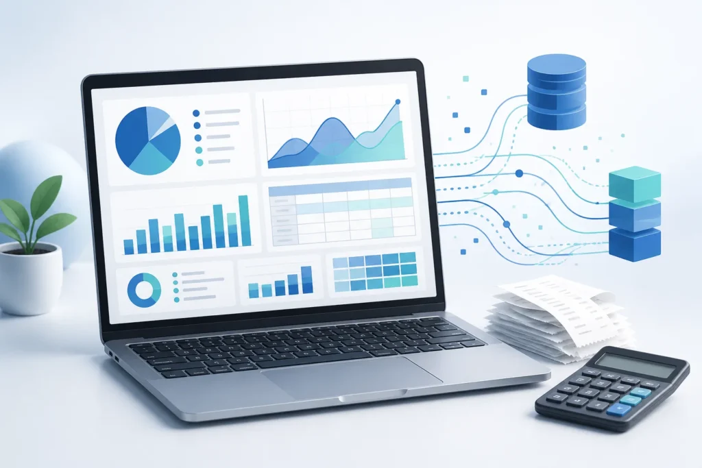Create a clean editorial illustration of a laptop displaying abstract, text-free analytics visuals—simple charts, spreadsheet cells, database symbols,...