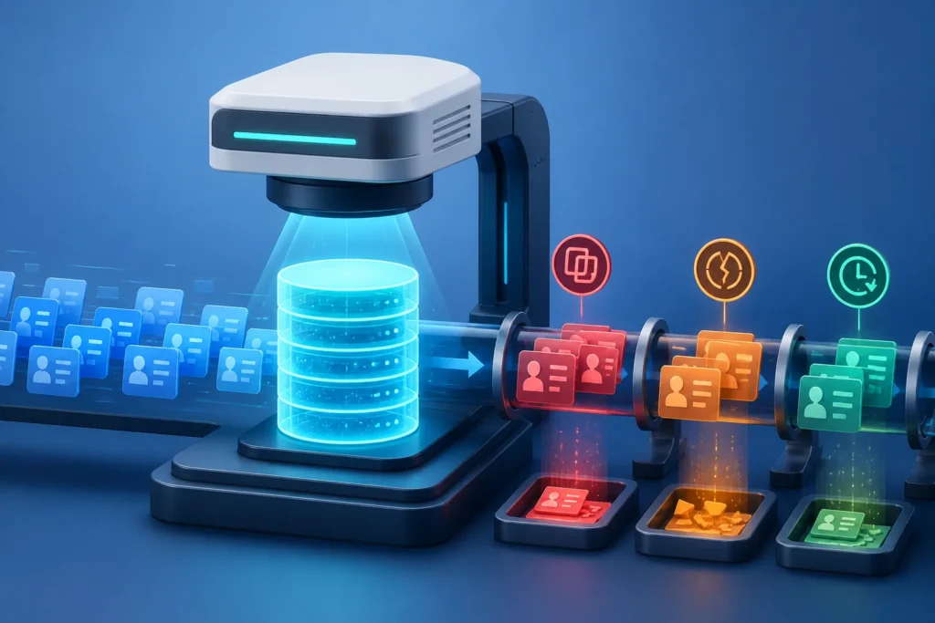 Create a clean editorial-style 3D illustration of a data-quality inspection scanner hovering over a glowing database cylinder, with highlighted duplic...