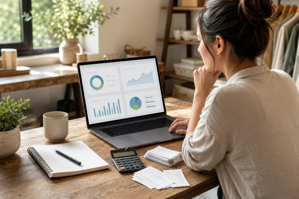 Create a clean editorial-style image of a small business owner reviewing a simple analytics dashboard on a laptop beside a notebook, calculator, and a...