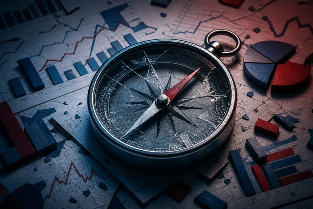 Data Analytics Mistakes That Lead to the Wrong Decisions - A cinematic 3D illustration of a cracked glass compass resting on scattered data charts and colored graph fragments, symbolizing flawed analytics and...