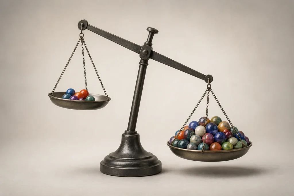 Editorial illustration of a single tilted laboratory balance scale, with one side holding a small biased sample of colorful data points and the other...