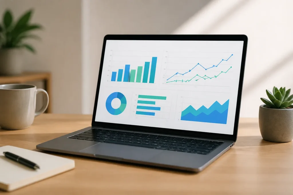 How to Start Using Data Analytics Without a Data Team - Create a clean editorial-style image of a single open laptop displaying simple colorful data charts and trend lines, symbolizing a small business begi...